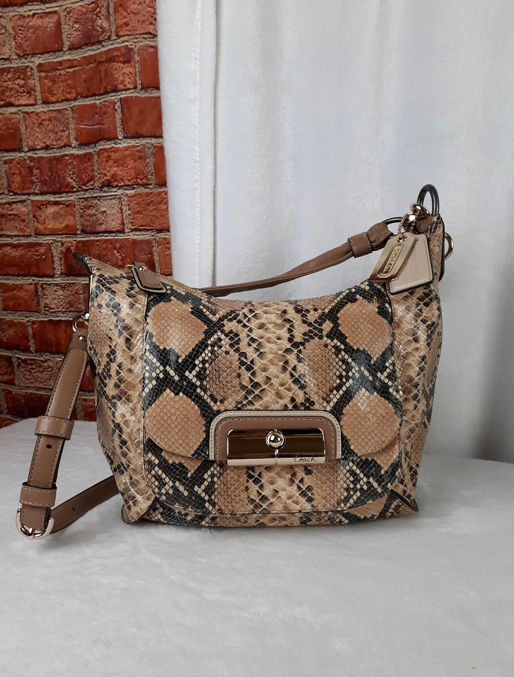 Coach Kristen Snakeskin Shoulder Bag - Tan and Black - Picture 1 of 16
